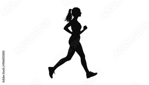 Profile silhouette of an athletic female figure running forward with determined energy against a white.