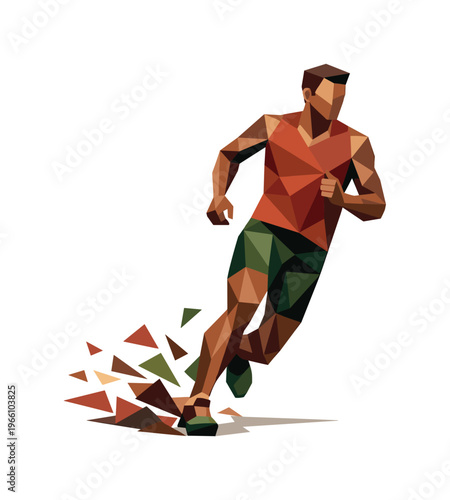 Low-poly vector illustration of a sprinter stabilizing after rounding the track corner, angular faceted body upright with crisp