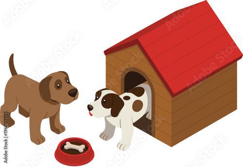 Cute dogs near wooden doghouse with food bowl showing pet care, companionship, and playful domestic animal lifestyle illustration