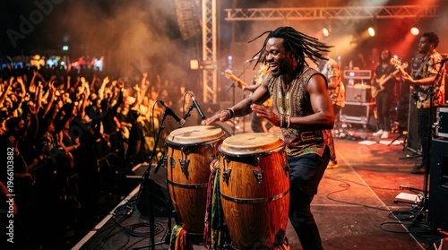 A dynamic live music performance scene capturing an energetic percussionist playing a pair of conga drums on a warmly lit concert stage, rhythmic intensity and physical energy conveyed through the
