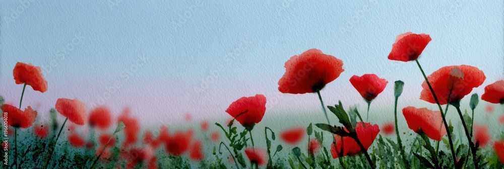 © Ingvar Shelly - peaceful ve-day painting, emotional watercolorink painting for ve-day website header red poppies, distant spitfire, serene atmosphere for text overlay