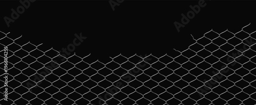 Broken wire net fence vector realistic illustration, steel chain link fence mesh with torn metal destroyed grid on black