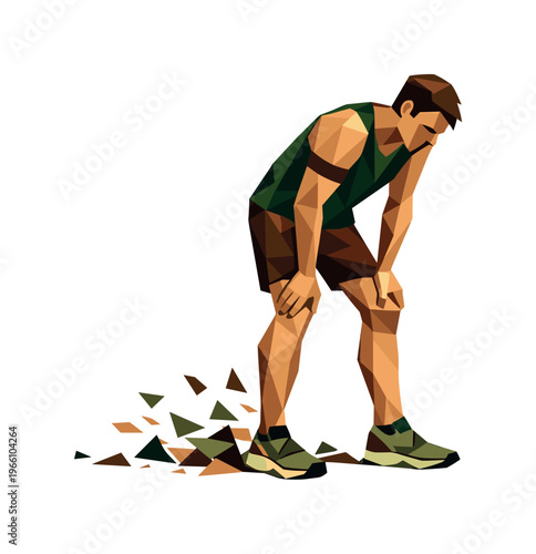 Low-poly vector illustration of a runner stabilizing after a forest interval sprint, angular faceted body upright with crisp