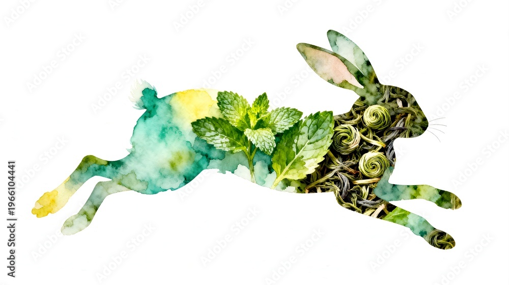 Fototapeta premium Watercolor Double Exposure of Jumping Rabbit Silhouette and Fresh Mint Leaves with Green Tea Spirals