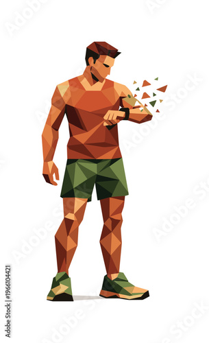 Geometric Runner in Motion. Low-poly vector illustration of a runner stabilizing after glancing at a smartwatch, angular faceted