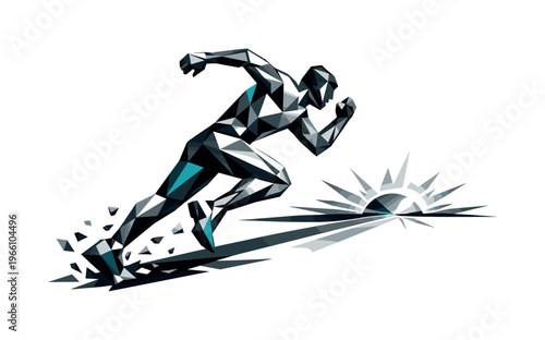 Low-poly vector illustration of a runner approaching the horizon as the sun rises, angular faceted body leaning forward with