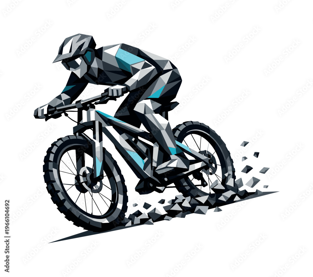 Obraz premium Low-poly vector illustration of a cyclist approaching a gravel stretch, angular faceted body leaning forward with triangular