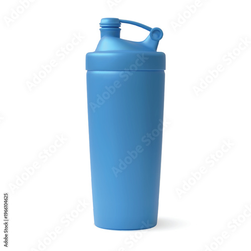 Protein plastic shaker blue bottle vector realistic 3D mockup, gym fitness bottle, whey protein container with flip lid
