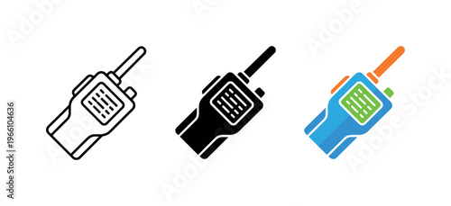 Set of three walkie-talkie icons in outline, solid black, and colorful styles