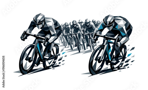 Futuristic Cyclist Surge. Low-poly vector illustration of cyclists approaching the peloton surge, angular faceted bodies leaning