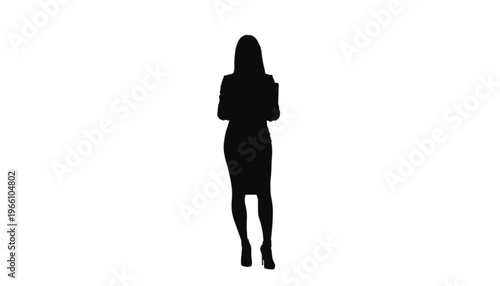 Full-length silhouette of a standing professional woman in business attire with arms crossed against a white.
