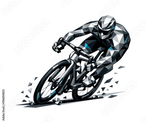 Low-poly vector illustration of a cyclist approaching the corner apex, angular faceted body crouched low with triangular limbs