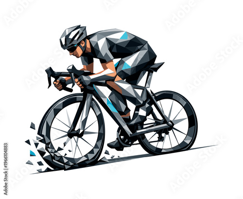 Low-poly vector illustration of a skateboarder stabilizing after completing a rail grind, angular faceted body upright with crisp