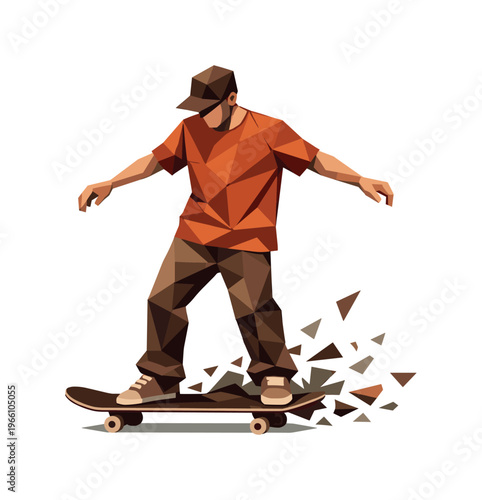 Low-poly vector illustration of a skateboarder stabilizing after completing a rail grind, angular faceted body upright with crisp