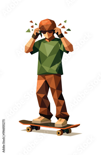 Low-poly vector illustration of a skateboarder stabilized after checking the helmet, angular faceted body upright with crisp