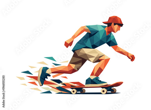 Low-poly vector illustration of a skateboarder actively executing a kick push, faceted triangular limbs extended while explosive