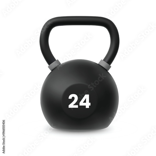A black cast iron 24 kg kettlebell with a handle, equipment for strength training and CrossFit.