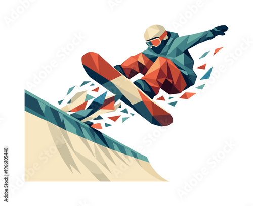Low-poly vector illustration of a snowboarder landing a carve, faceted athlete figure built from sharp triangular polygon planes