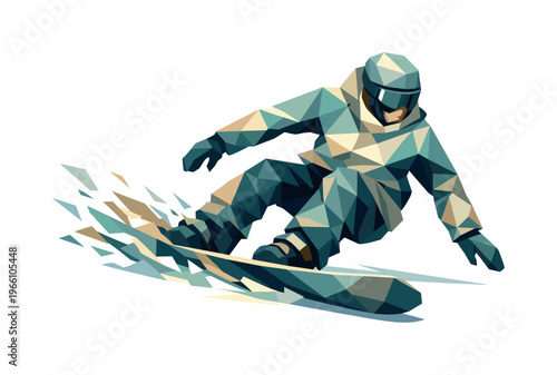 Low-poly vector illustration of a snowboarder landing a carve, faceted athlete figure built from sharp triangular polygon planes