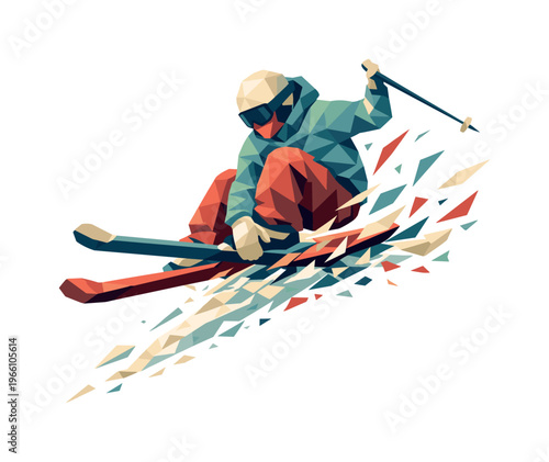 Dynamic Skier Jump. Low-poly vector illustration of a skier mid-jump grab, faceted triangular limbs and skis angled while