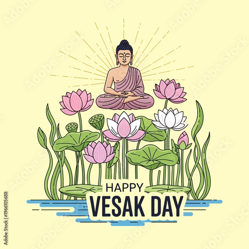 Buddha Meditating Amidst Lotus Flowers, Happy Vesak Day Celebration