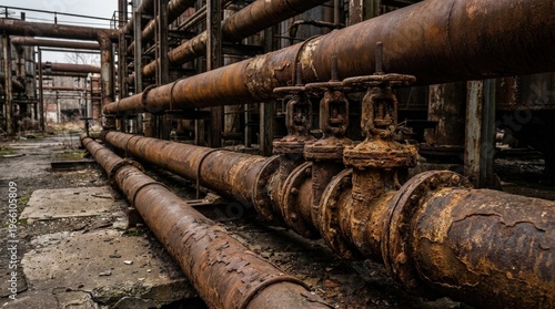 A derelict heavy-duty pipeline system slowly decaying in an abandoned industrial yard, massive corroded iron tubes stretching through a forsaken factory environment, structural fittings consumed by