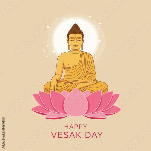 Buddha meditating on pink lotus flower, Vesak Day celebration, spiritual enlightenment, peace, serene background