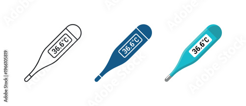 Digital thermometer displaying 36.6 degrees Celsius in three different styles