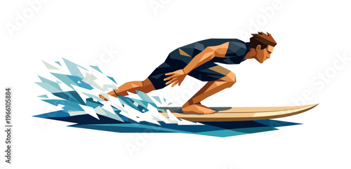 Low-poly vector illustration of a surfer sprinting on their board through flat water, body stretched forward with sharply faceted