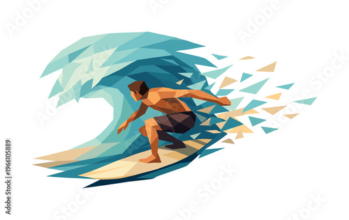 Low-poly vector illustration of a surfer emerging from the barrel, body extended with angular arms and legs, polygon shards
