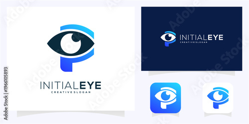 Minimal letter P initial with Eye logo design idea. Abstract vision monogram gradient icon symbol.