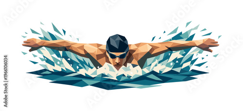 Dynamic Butterfly Stroke. Low-poly vector illustration of a swimmer powering through a butterfly stroke, angular faceted body