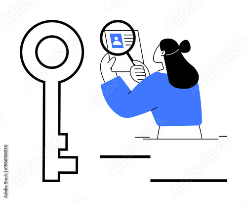 Identity verification concept. A person inspects a document with a magnifying glass next to a secure key icon. Identity, data protection, and safety solutions. Perfect for cybersecurity, data