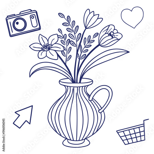 minimal botanical graphic sketch drawing, trendy tiny tattoo design, floral elements vector illustration