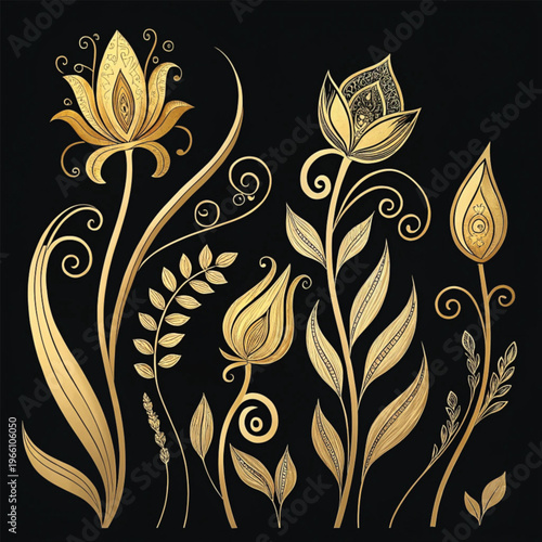 minimal botanical graphic sketch drawing, trendy tiny tattoo design, floral elements vector illustration