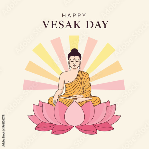 Happy Vesak Day Greeting Card with Buddha Meditating on Lotus Flower