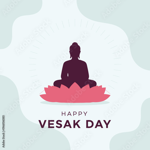 Happy Vesak Day Greeting Card with Buddha Silhouette on Lotus Flower