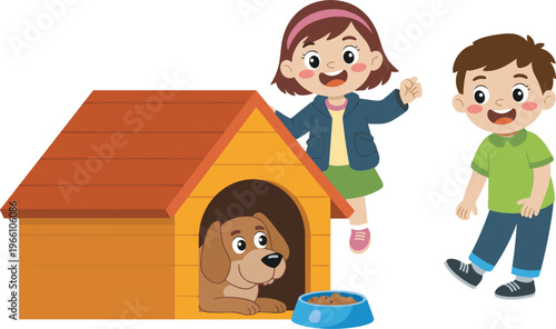 Happy children playing beside cozy doghouse with cute brown puppy enjoying food bowl in cheerful playful backyard scene