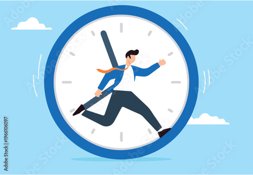 Businessman running and hurry in time clock in flat design.