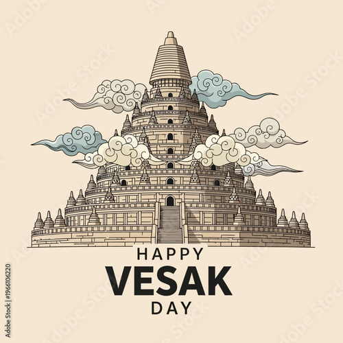 Happy Vesak Day greeting card with ancient Buddhist temple and clouds illustration