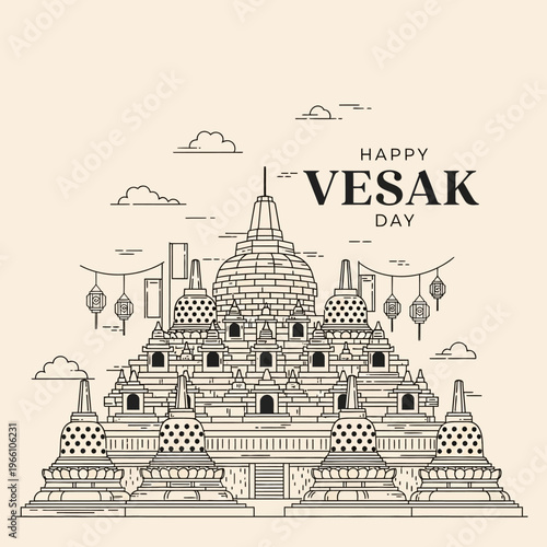 Happy Vesak Day Greeting Card Illustration with Boddhisattva Temple and Lanterns
