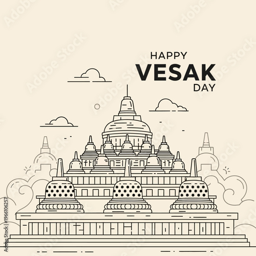 Happy Vesak Day Greeting Card with Borobudur Temple Line Art Illustration