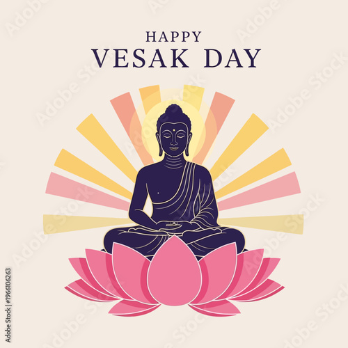 Happy Vesak Day Greeting Card with Buddha Meditating on Lotus Flower