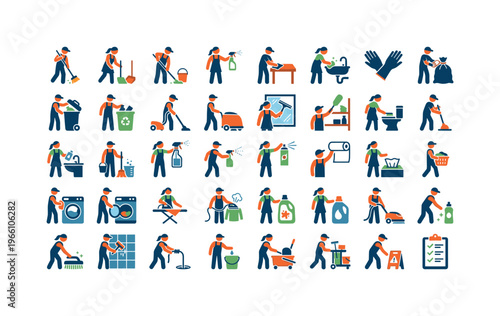 Collection of cleaning service icons representing various household chores and professional cleaning tasks