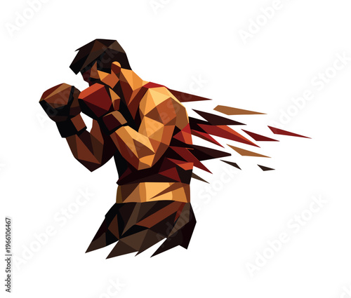 Low-poly vector illustration of a boxer completing a speed combo, faceted angular body recoiling slightly with arms returning to