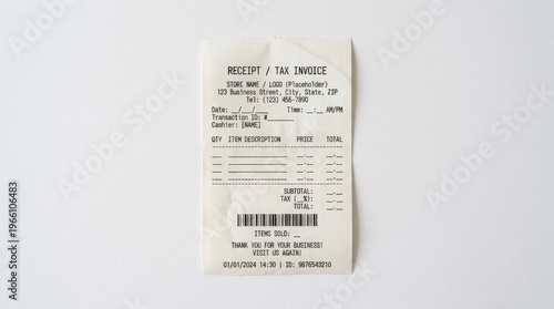 A paper receipt mockup displayed on a white background with blank surface and realistic texture, shot on Canon EOS R6, 100mm lens, f/4, 8K