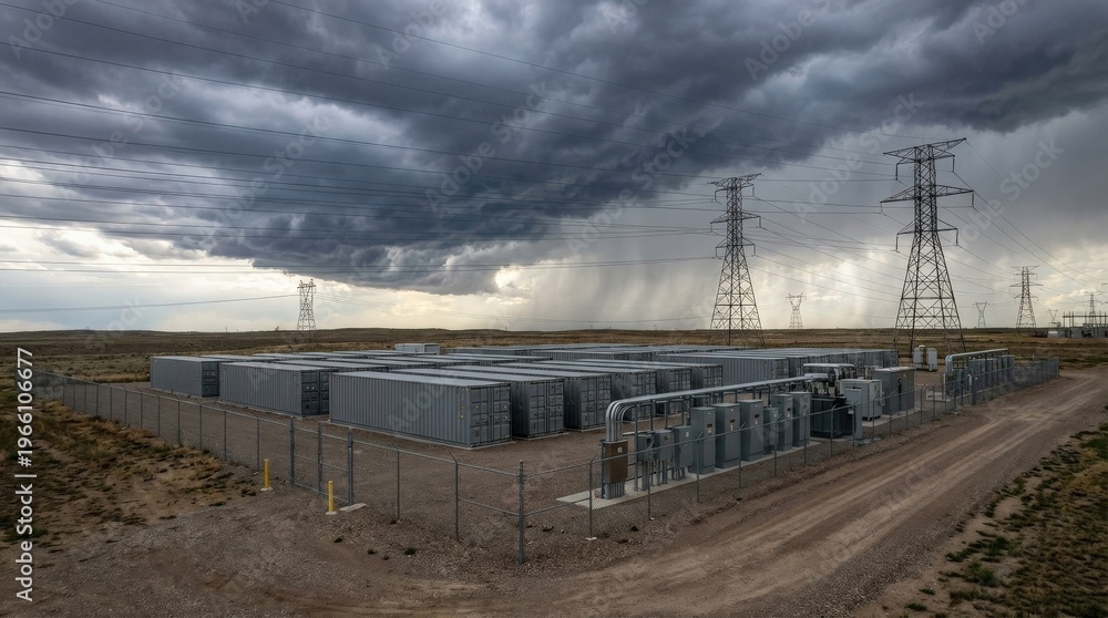 Fototapeta premium Electrical energy storage facilities photographed against a dramatic backdrop of high-voltage transmission towers and power lines crossing an open landscape, large-scale battery container units