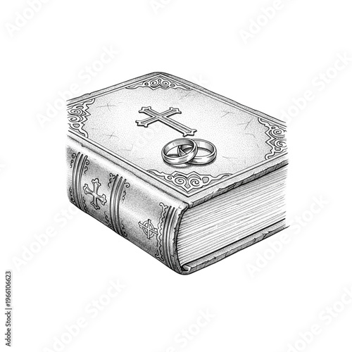 Wedding rings resting on an unopened Bible with a cross design  