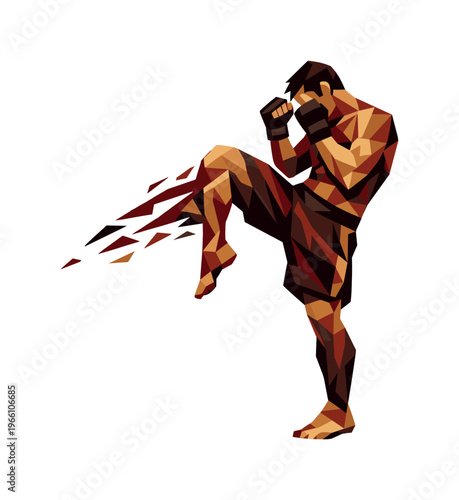 Low-poly vector illustration of a fighter completing a knee drive, faceted angular torso recoiling slightly with leg returning to