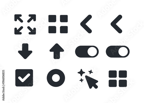 Solid vector icons of menu interaction controls: expand, collapse, chevronright, chevronleft, arrowdown, arrowup, toggle, switch,
